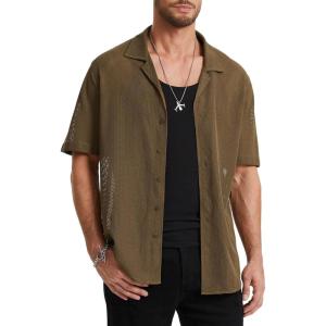 imageHISDERN Mens Summer Beach Shirts Casual See Through Sheer Lace Shirt Short Sleeve Button Down Mesh Shirt for MenBrown