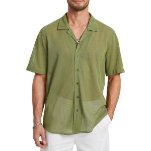 imageHISDERN Mens Summer Beach Shirts Casual See Through Sheer Lace Shirt Short Sleeve Button Down Mesh Shirt for MenGreen
