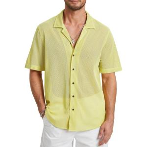 imageHISDERN Mens Summer Beach Shirts Casual See Through Sheer Lace Shirt Short Sleeve Button Down Mesh Shirt for MenYellow