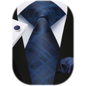 imageHISDERN Mens Tie Set Stripe Plaid Ties with Pocket Square Cufflinks Formal Business Silk Necktie Handkerchief for MenBlue 1