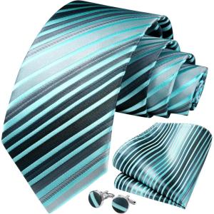 imageHISDERN Mens Tie Set Stripe Plaid Ties with Pocket Square Cufflinks Formal Business Silk Necktie Handkerchief for MenBlue 2
