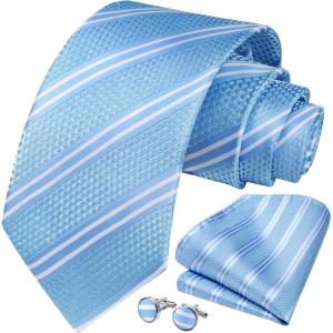 imageHISDERN Mens Tie Set Stripe Plaid Ties with Pocket Square Cufflinks Formal Business Silk Necktie Handkerchief for MenBlue 3
