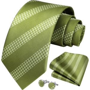 imageHISDERN Mens Tie Set Stripe Plaid Ties with Pocket Square Cufflinks Formal Business Silk Necktie Handkerchief for MenGreen 1