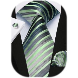 imageHISDERN Mens Tie Set Stripe Plaid Ties with Pocket Square Cufflinks Formal Business Silk Necktie Handkerchief for MenGreen