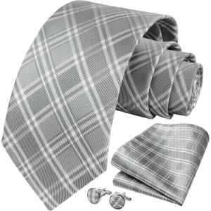 imageHISDERN Mens Tie Set Stripe Plaid Ties with Pocket Square Cufflinks Formal Business Silk Necktie Handkerchief for MenGrey 1