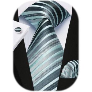 imageHISDERN Mens Tie Set Stripe Plaid Ties with Pocket Square Cufflinks Formal Business Silk Necktie Handkerchief for MenGrey