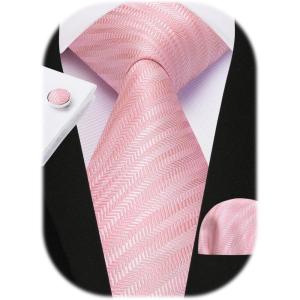 imageHISDERN Mens Tie Set Stripe Plaid Ties with Pocket Square Cufflinks Formal Business Silk Necktie Handkerchief for MenPink