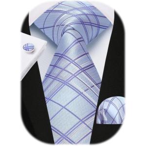 imageHISDERN Mens Tie Set Stripe Plaid Ties with Pocket Square Cufflinks Formal Business Silk Necktie Handkerchief for MenPurple 1