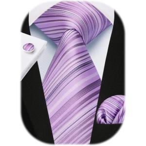 imageHISDERN Mens Tie Set Stripe Plaid Ties with Pocket Square Cufflinks Formal Business Silk Necktie Handkerchief for MenPurple 2