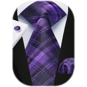 imageHISDERN Mens Tie Set Stripe Plaid Ties with Pocket Square Cufflinks Formal Business Silk Necktie Handkerchief for MenPurple 3