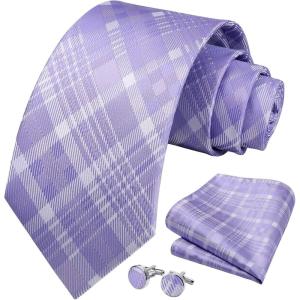 imageHISDERN Mens Tie Set Stripe Plaid Ties with Pocket Square Cufflinks Formal Business Silk Necktie Handkerchief for MenPurple 4