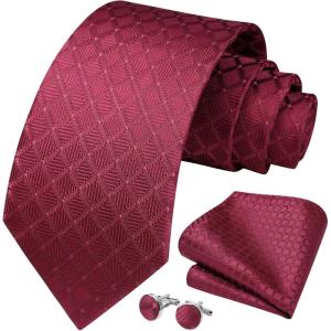 imageHISDERN Mens Tie Set Stripe Plaid Ties with Pocket Square Cufflinks Formal Business Silk Necktie Handkerchief for MenRed Burgundy