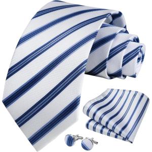 imageHISDERN Mens Tie Set Stripe Plaid Ties with Pocket Square Cufflinks Formal Business Silk Necktie Handkerchief for MenWhite Blue