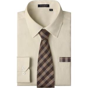 imageHISDERN Mens Dress Shirt and Tie Handkerchief Set Classic Long Sleeve Shirts Matching Ties Formal Button Down ShirtsBeigeBrown