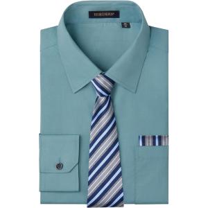 imageHISDERN Mens Dress Shirt and Tie Handkerchief Set Classic Long Sleeve Shirts Matching Ties Formal Button Down ShirtsBlue3Striped