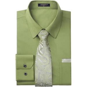 imageHISDERN Mens Dress Shirt and Tie Handkerchief Set Classic Long Sleeve Shirts Matching Ties Formal Button Down ShirtsGreen5Paisley