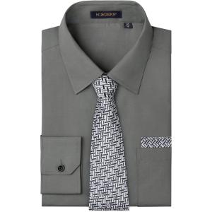 imageHISDERN Mens Dress Shirt and Tie Handkerchief Set Classic Long Sleeve Shirts Matching Ties Formal Button Down ShirtsGreyPattern