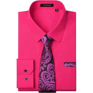 imageHISDERN Mens Dress Shirt and Tie Handkerchief Set Classic Long Sleeve Shirts Matching Ties Formal Button Down ShirtsHot PinkPaisley