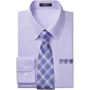 imageHISDERN Mens Dress Shirt and Tie Handkerchief Set Classic Long Sleeve Shirts Matching Ties Formal Button Down ShirtsPurple2Plaid