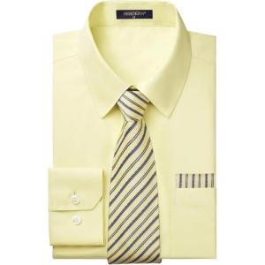imageHISDERN Mens Dress Shirt and Tie Handkerchief Set Classic Long Sleeve Shirts Matching Ties Formal Button Down ShirtsYellow2Striped