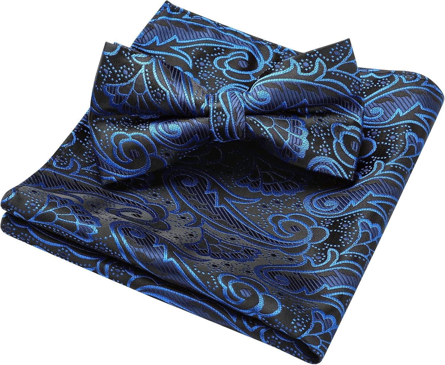 imageHISDERN Bow Ties for Men Paisley Floral Pretied Bowtie Pocket Square Set Mens Formal Bow Ties Wedding PartyAblue 1