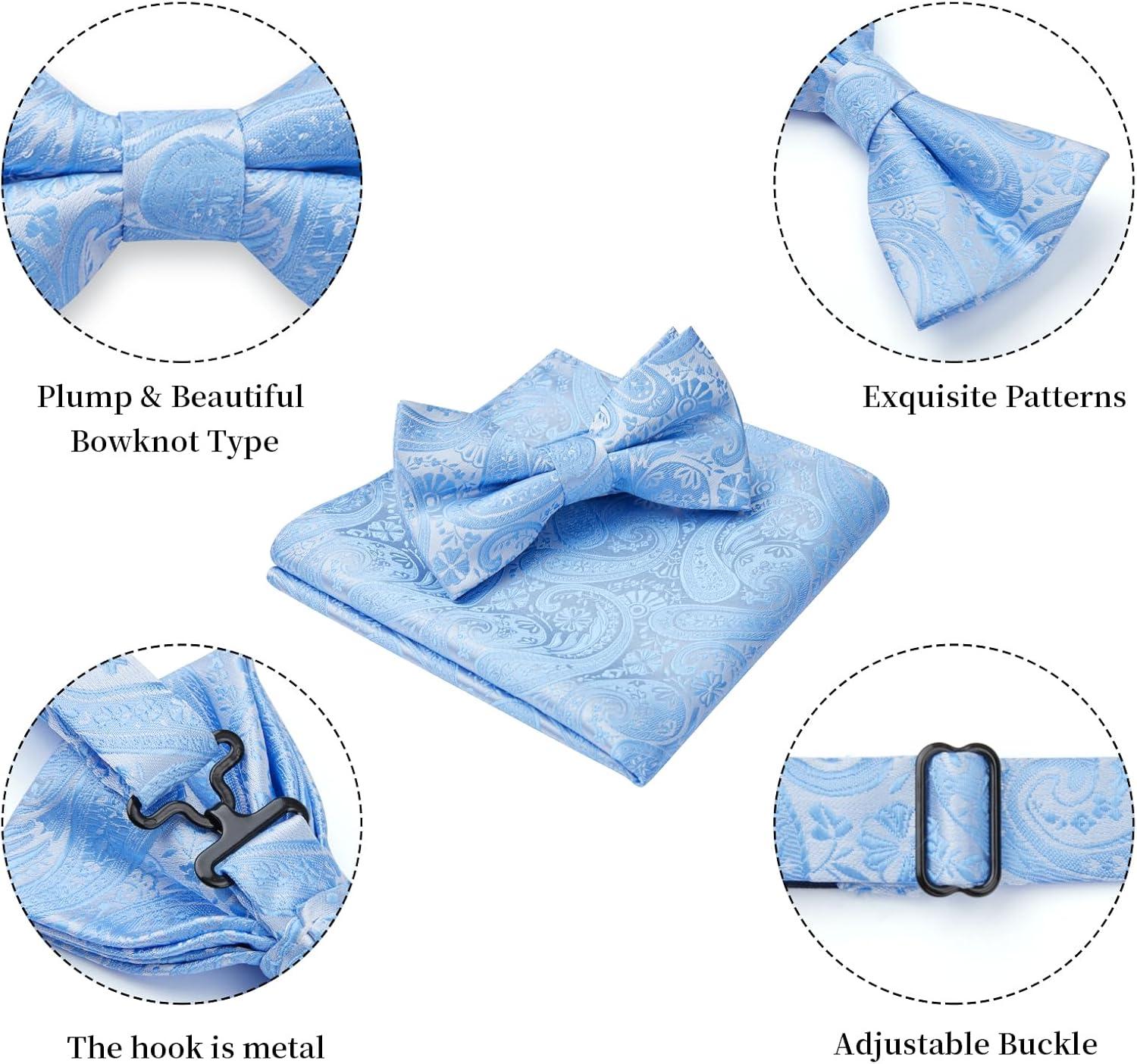 imageHISDERN Bow Ties for Men Paisley Floral Pretied Bowtie Pocket Square Set Mens Formal Bow Ties Wedding PartyBaby Blue