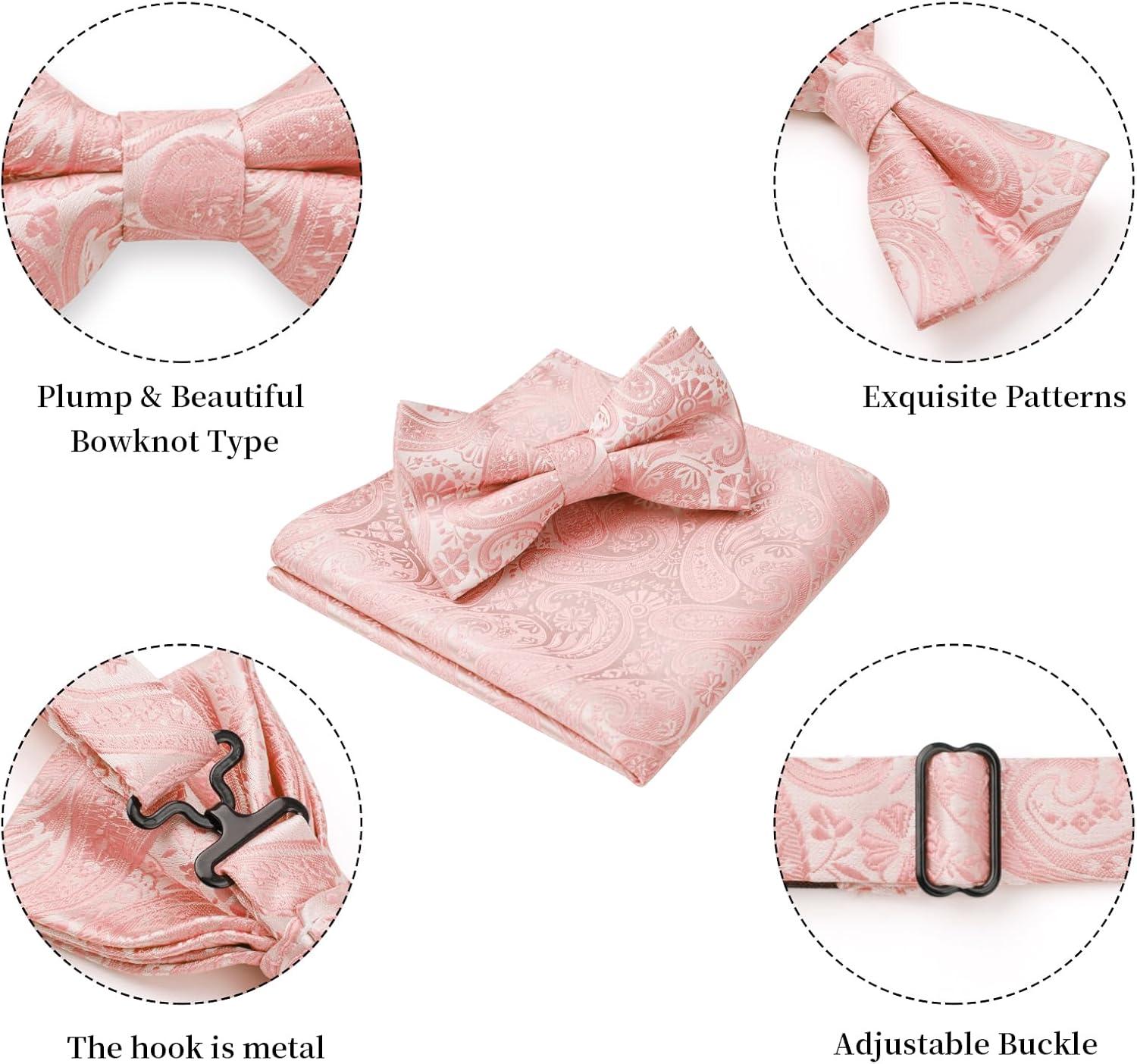 imageHISDERN Bow Ties for Men Paisley Floral Pretied Bowtie Pocket Square Set Mens Formal Bow Ties Wedding PartyBaby Pink