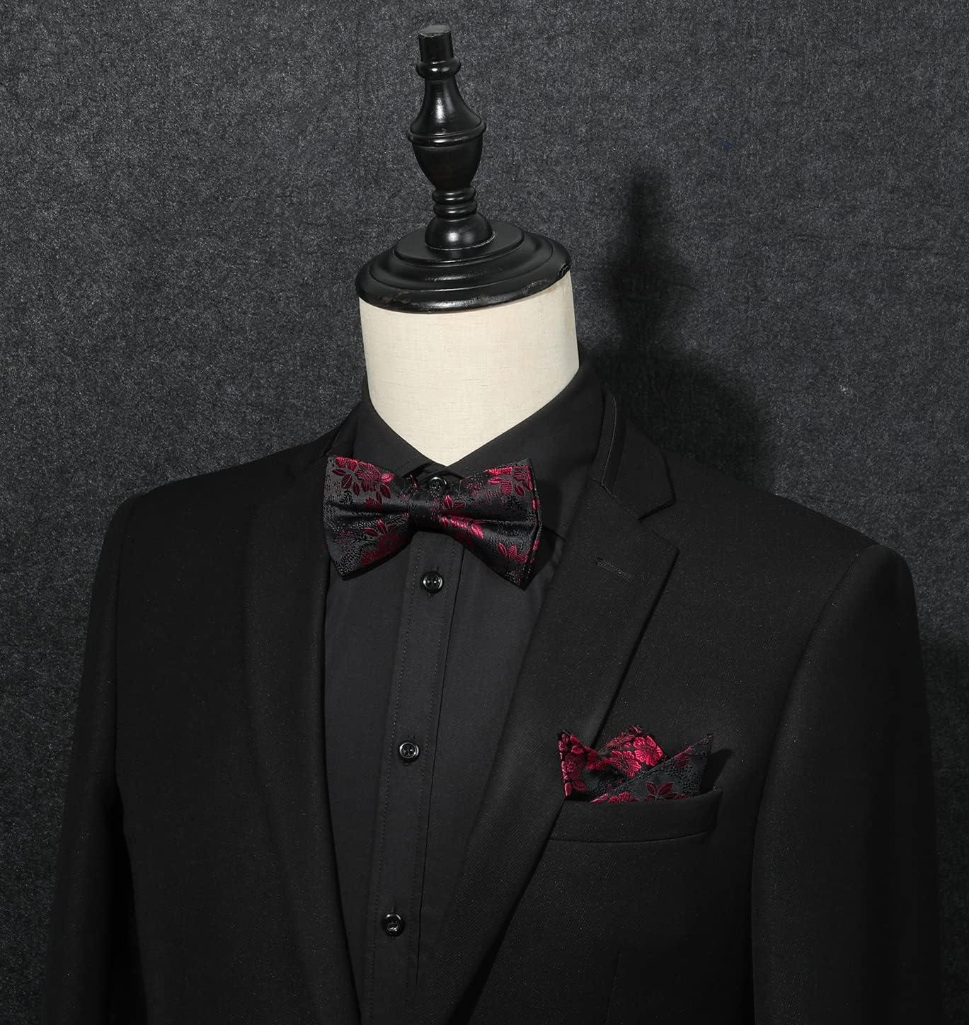 imageHISDERN Bow Ties for Men Paisley Floral Pretied Bowtie Pocket Square Set Mens Formal Bow Ties Wedding PartyBblack2