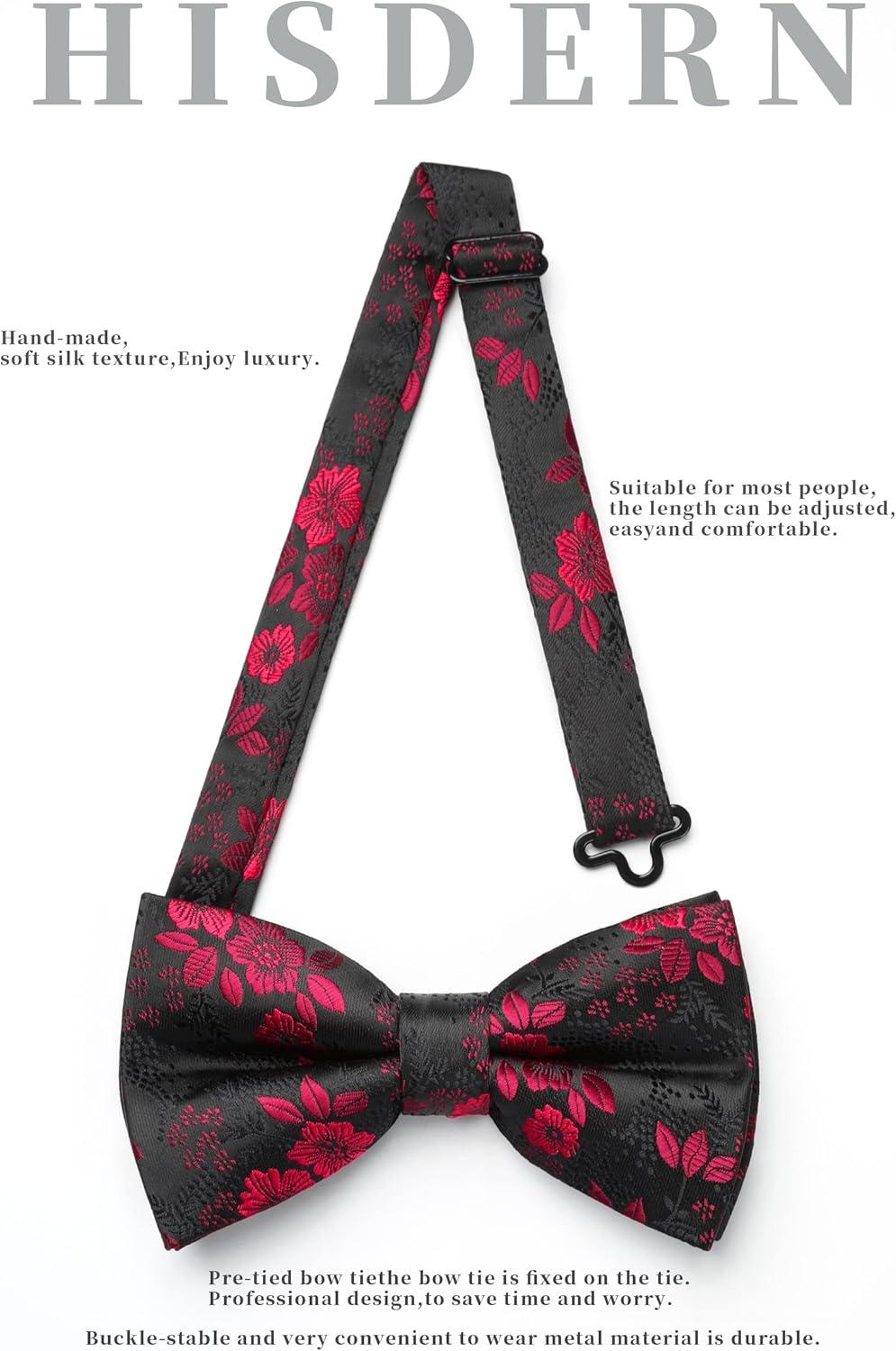 imageHISDERN Bow Ties for Men Paisley Floral Pretied Bowtie Pocket Square Set Mens Formal Bow Ties Wedding PartyBblack2
