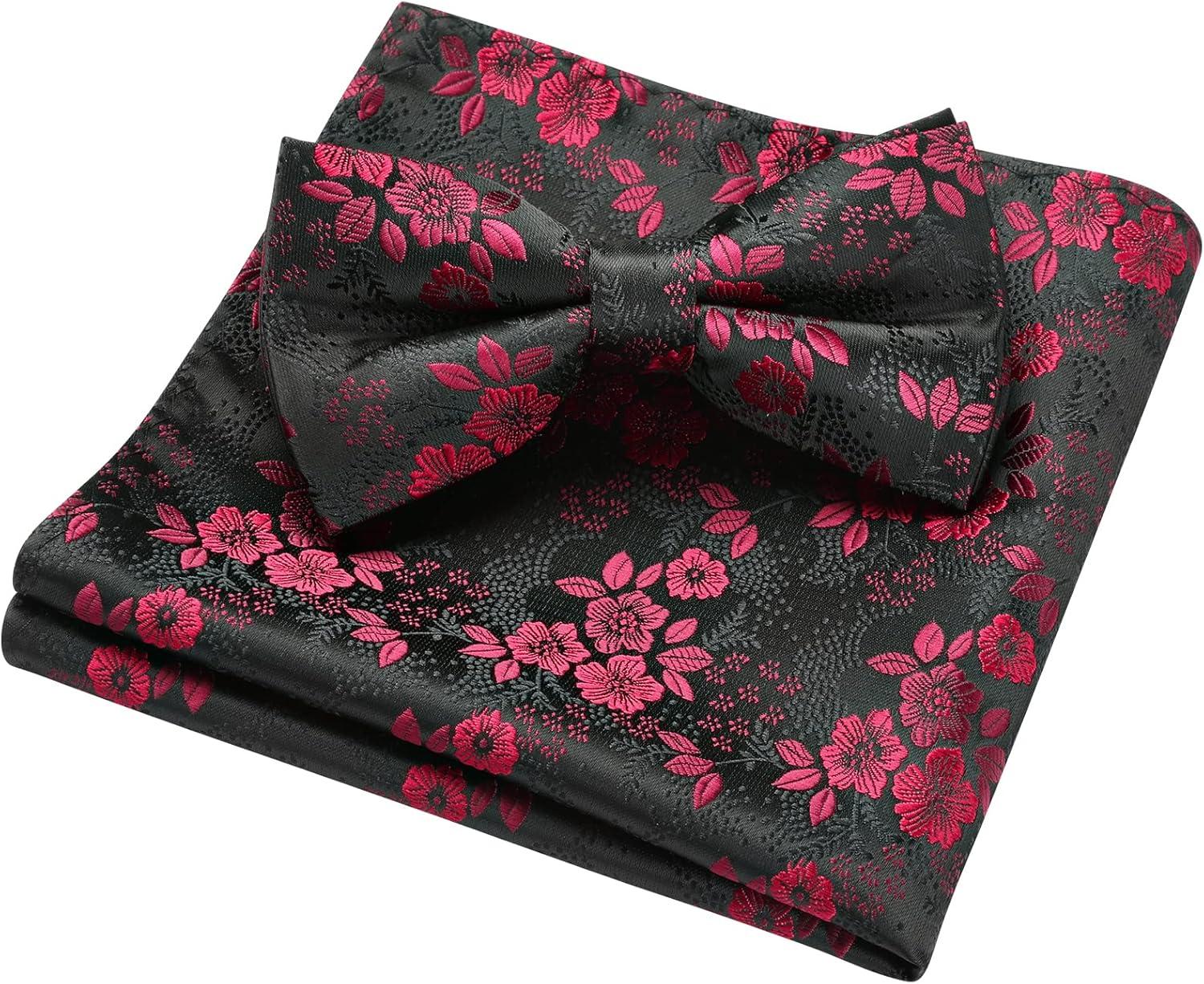 imageHISDERN Bow Ties for Men Paisley Floral Pretied Bowtie Pocket Square Set Mens Formal Bow Ties Wedding PartyBblack2