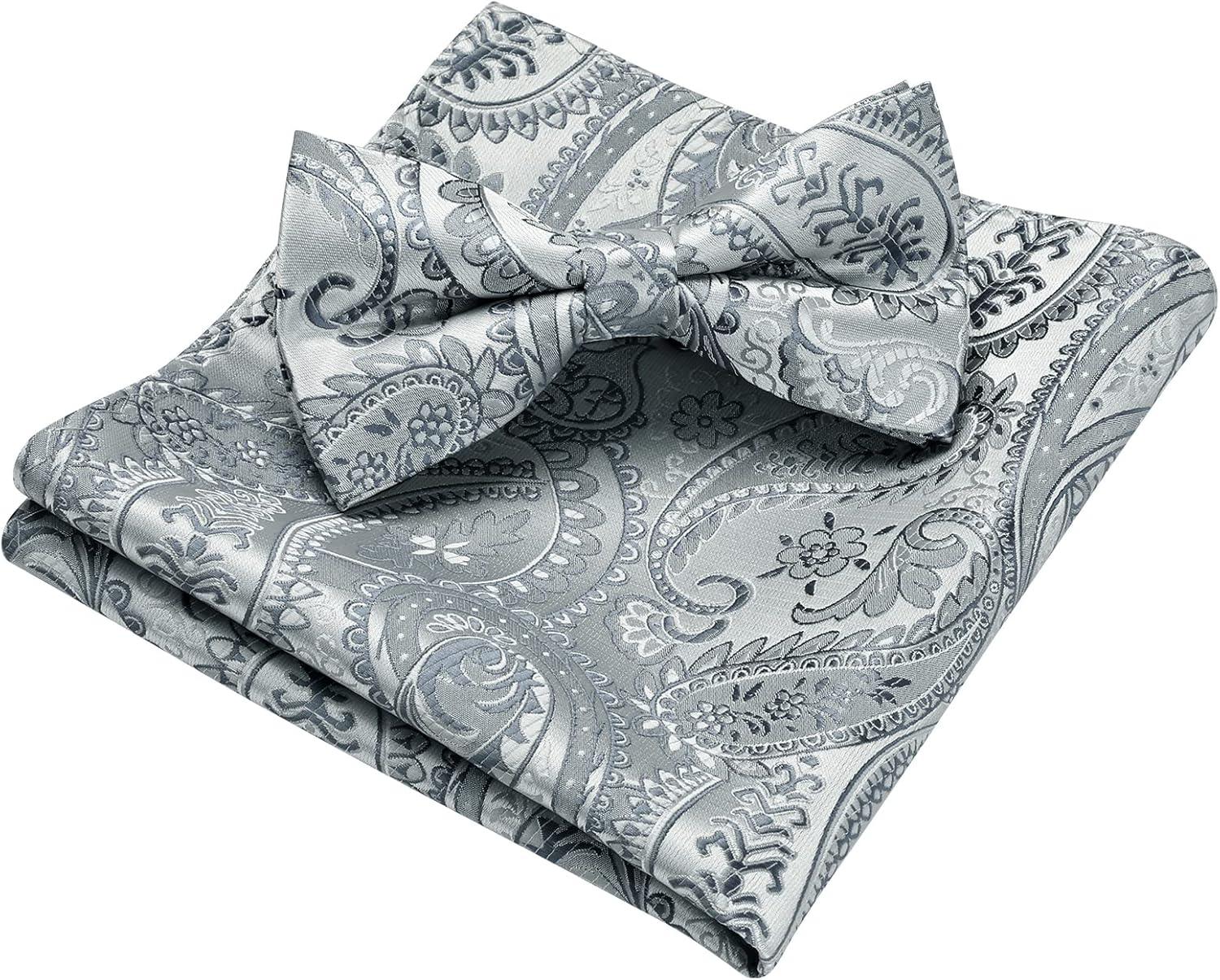 imageHISDERN Bow Ties for Men Paisley Floral Pretied Bowtie Pocket Square Set Mens Formal Bow Ties Wedding PartyBgray 1