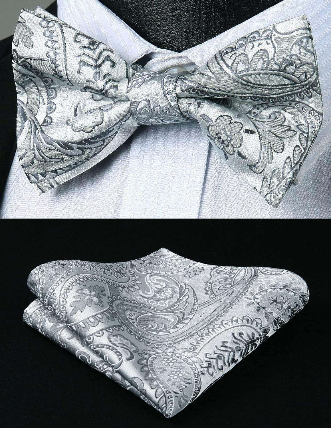 imageHISDERN Bow Ties for Men Paisley Floral Pretied Bowtie Pocket Square Set Mens Formal Bow Ties Wedding PartyBgray 1