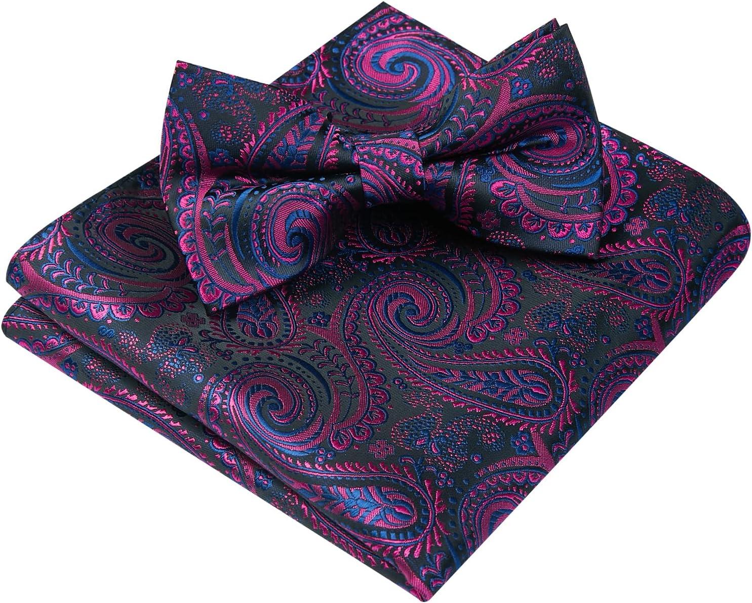 imageHISDERN Bow Ties for Men Paisley Floral Pretied Bowtie Pocket Square Set Mens Formal Bow Ties Wedding PartyBlack Purple