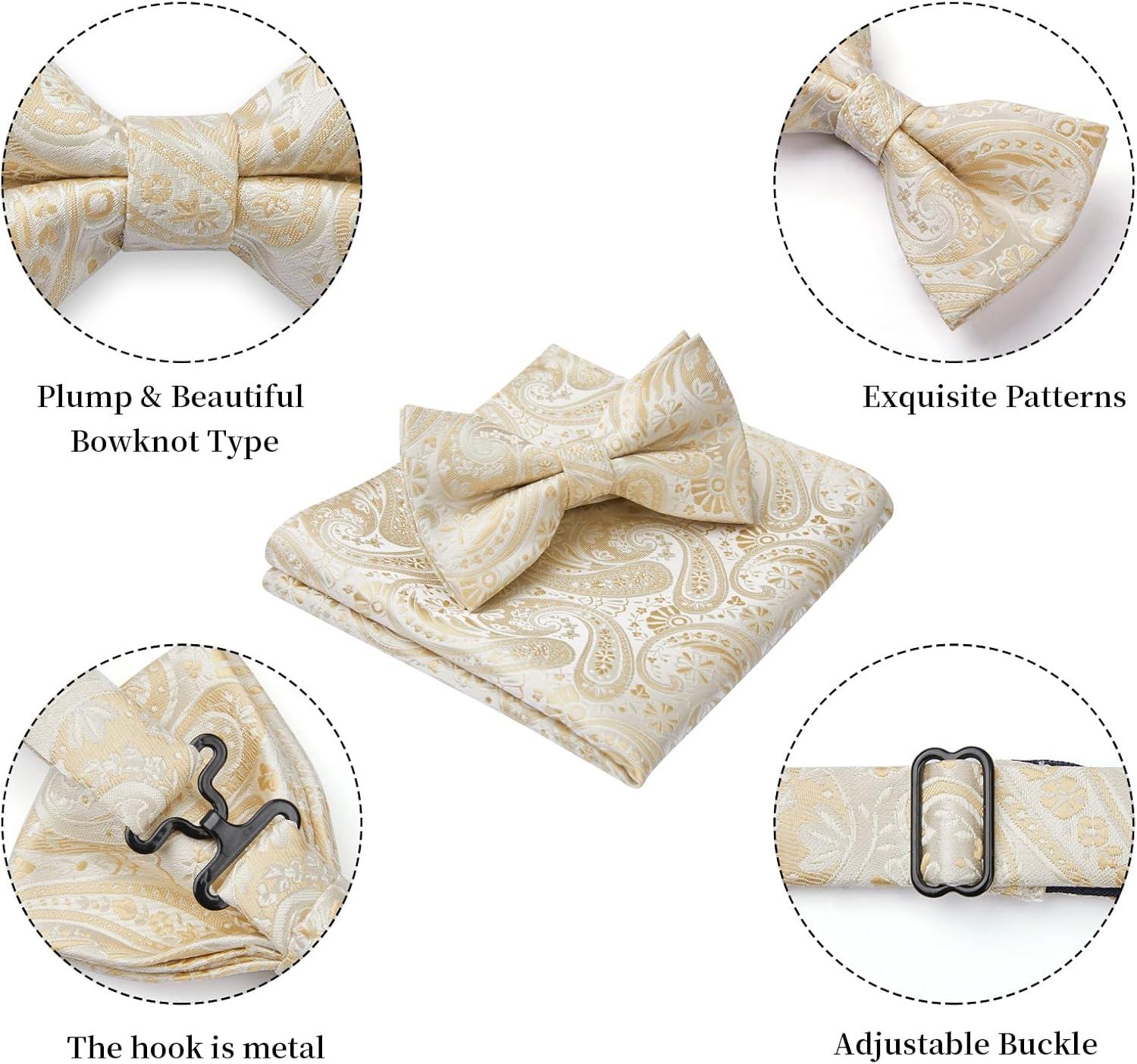 imageHISDERN Bow Ties for Men Paisley Floral Pretied Bowtie Pocket Square Set Mens Formal Bow Ties Wedding PartyChampagne