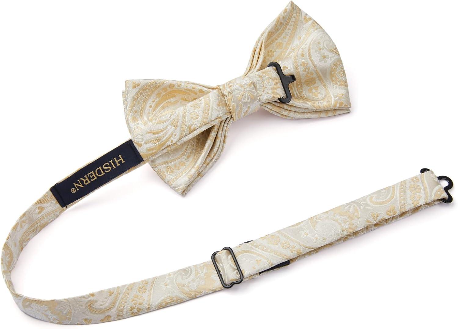 imageHISDERN Bow Ties for Men Paisley Floral Pretied Bowtie Pocket Square Set Mens Formal Bow Ties Wedding PartyChampagne