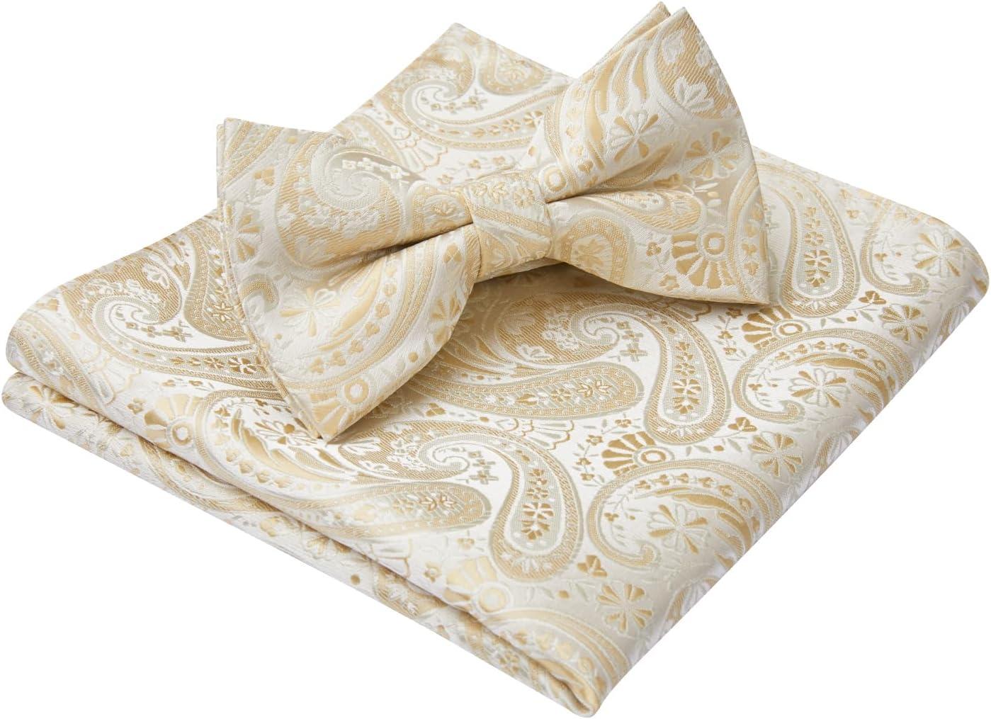 imageHISDERN Bow Ties for Men Paisley Floral Pretied Bowtie Pocket Square Set Mens Formal Bow Ties Wedding PartyChampagne