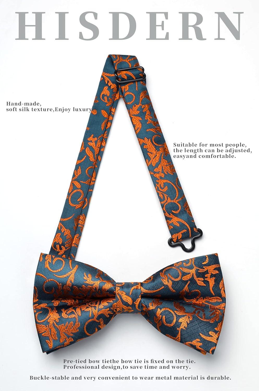 imageHISDERN Bow Ties for Men Paisley Floral Pretied Bowtie Pocket Square Set Mens Formal Bow Ties Wedding PartyDorange 3