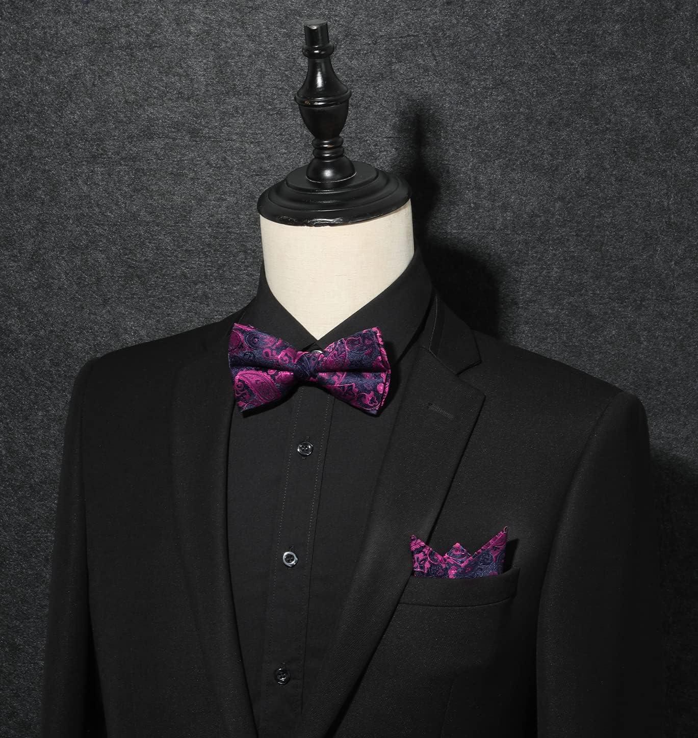 imageHISDERN Bow Ties for Men Paisley Floral Pretied Bowtie Pocket Square Set Mens Formal Bow Ties Wedding PartyDpurple 11