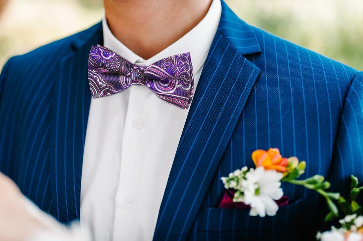 imageHISDERN Bow Ties for Men Paisley Floral Pretied Bowtie Pocket Square Set Mens Formal Bow Ties Wedding PartyDpurple 2