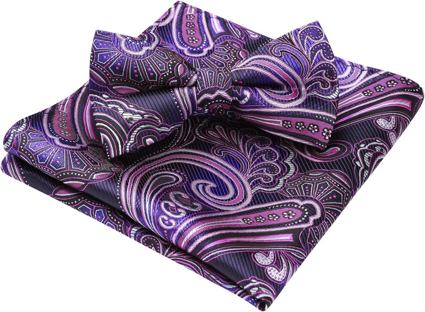 imageHISDERN Bow Ties for Men Paisley Floral Pretied Bowtie Pocket Square Set Mens Formal Bow Ties Wedding PartyDpurple 2