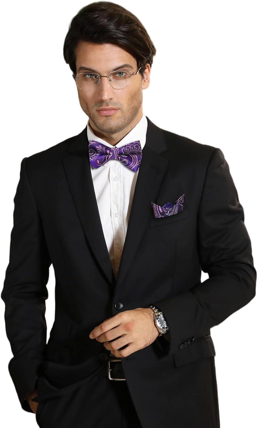 imageHISDERN Bow Ties for Men Paisley Floral Pretied Bowtie Pocket Square Set Mens Formal Bow Ties Wedding PartyDpurple 2