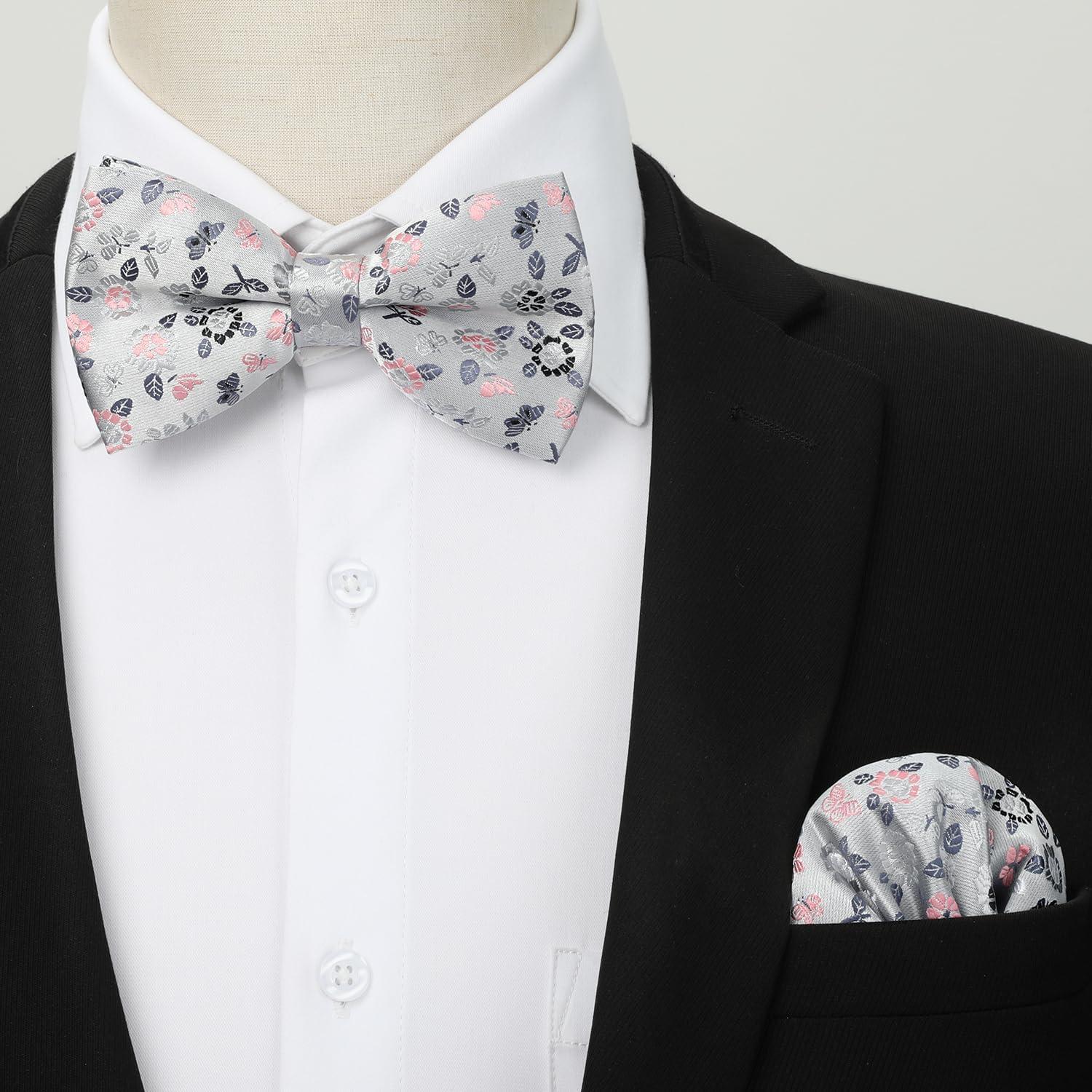 imageHISDERN Bow Ties for Men Paisley Floral Pretied Bowtie Pocket Square Set Mens Formal Bow Ties Wedding PartyDsilver