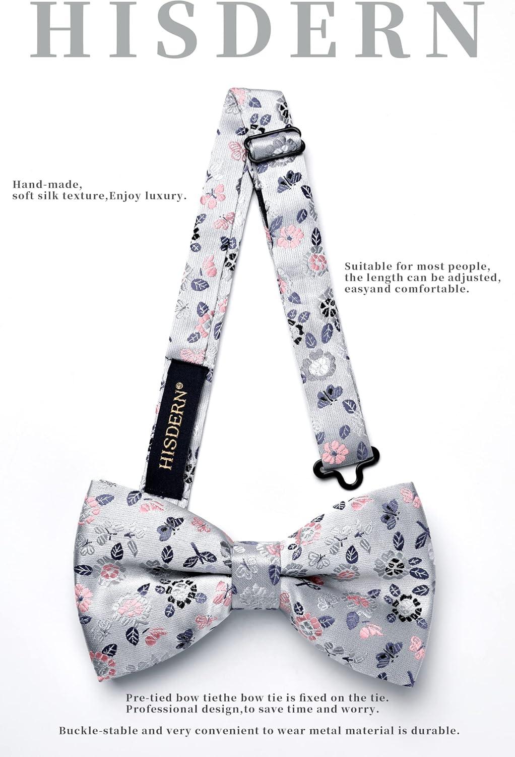 imageHISDERN Bow Ties for Men Paisley Floral Pretied Bowtie Pocket Square Set Mens Formal Bow Ties Wedding PartyDsilver