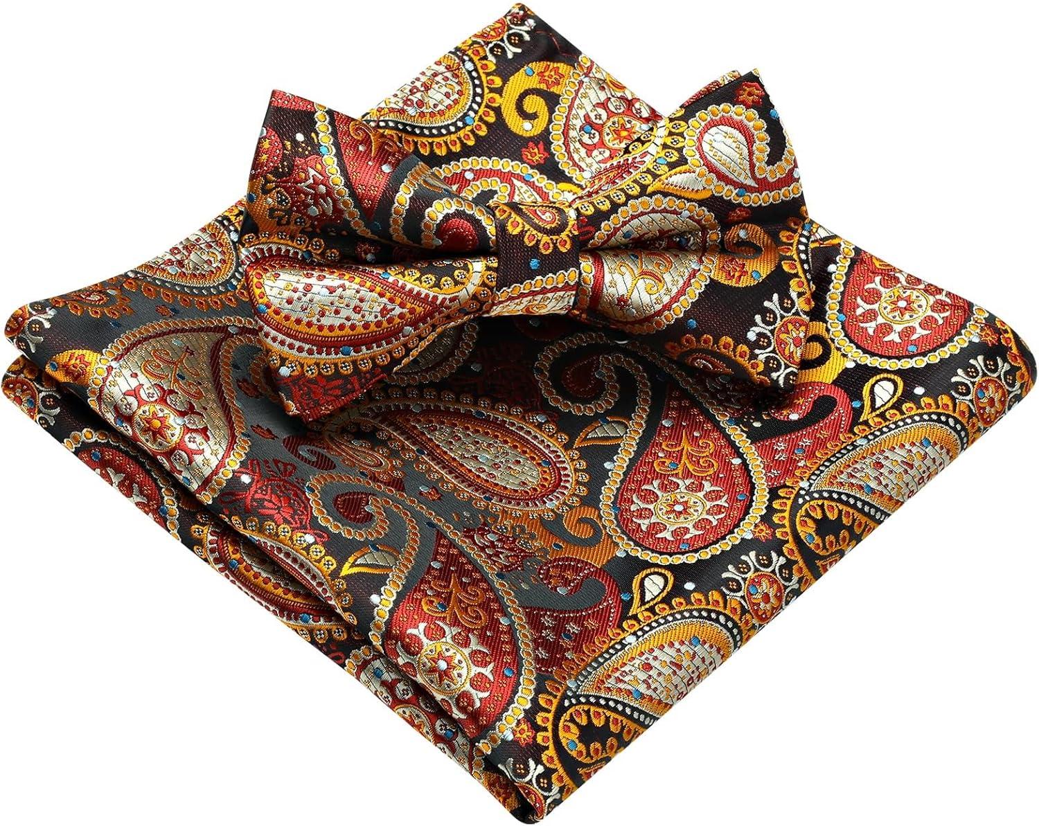 imageHISDERN Bow Ties for Men Paisley Floral Pretied Bowtie Pocket Square Set Mens Formal Bow Ties Wedding PartyForange 2