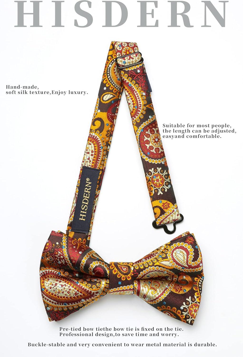 imageHISDERN Bow Ties for Men Paisley Floral Pretied Bowtie Pocket Square Set Mens Formal Bow Ties Wedding PartyForange 2