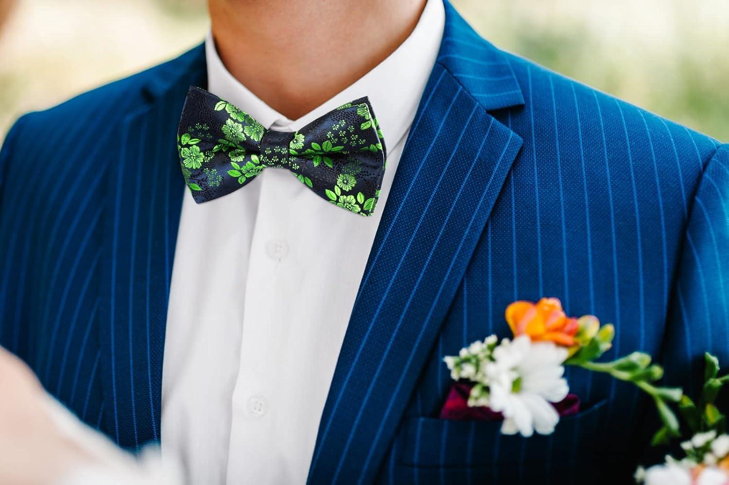 imageHISDERN Bow Ties for Men Paisley Floral Pretied Bowtie Pocket Square Set Mens Formal Bow Ties Wedding PartyGgreen 4