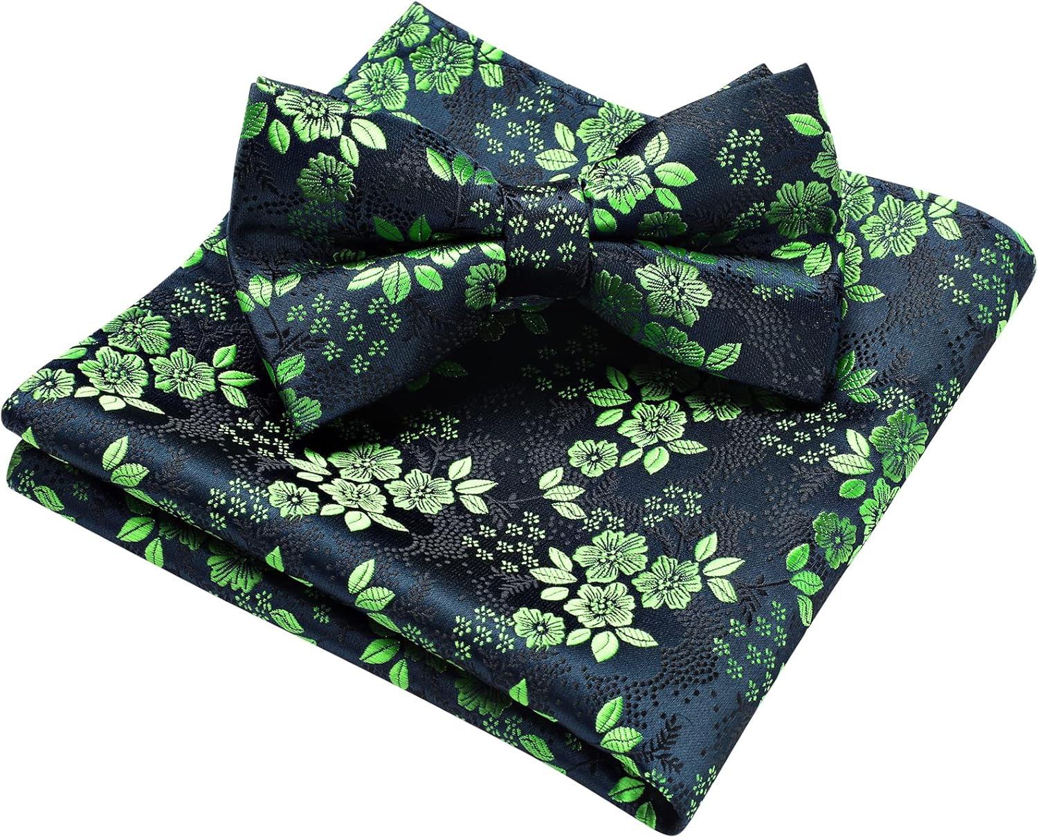 imageHISDERN Bow Ties for Men Paisley Floral Pretied Bowtie Pocket Square Set Mens Formal Bow Ties Wedding PartyGgreen 4