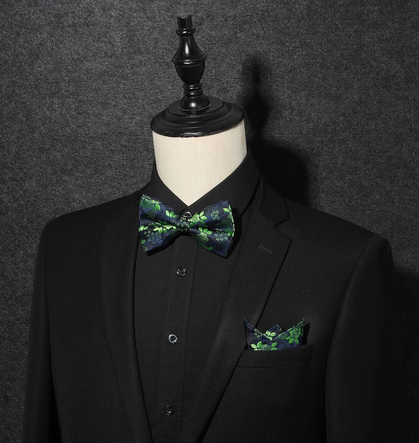 imageHISDERN Bow Ties for Men Paisley Floral Pretied Bowtie Pocket Square Set Mens Formal Bow Ties Wedding PartyGgreen 4