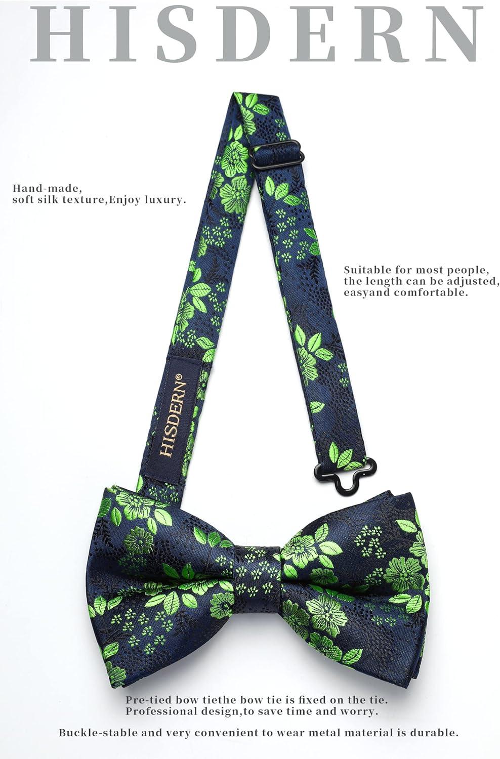 imageHISDERN Bow Ties for Men Paisley Floral Pretied Bowtie Pocket Square Set Mens Formal Bow Ties Wedding PartyGgreen 4