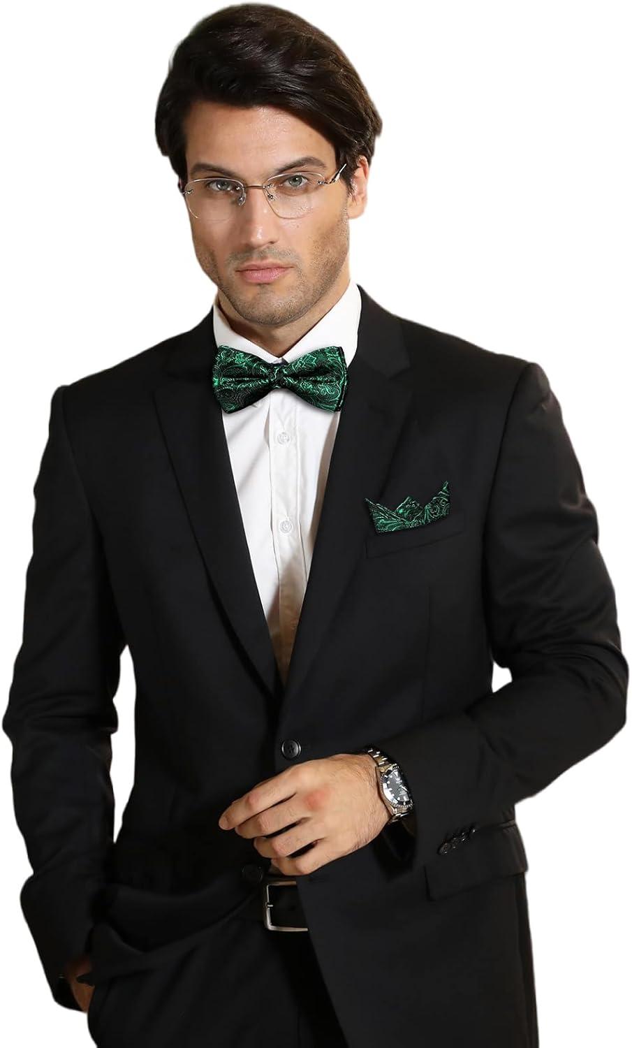 imageHISDERN Bow Ties for Men Paisley Floral Pretied Bowtie Pocket Square Set Mens Formal Bow Ties Wedding PartyGreen 03